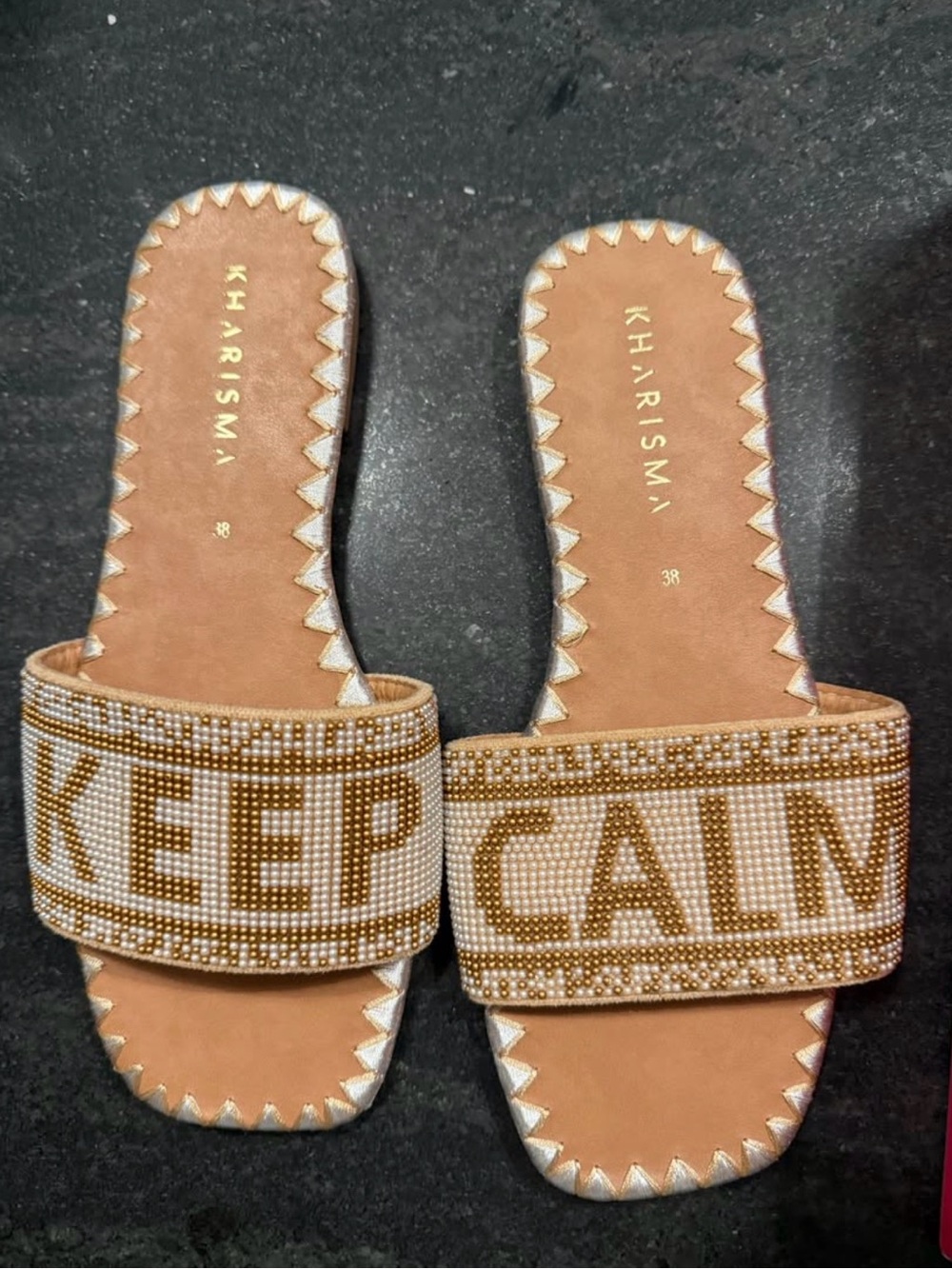 Kharisma Beaded "KEEP CALM" Slide Sandals - Tan & Gold